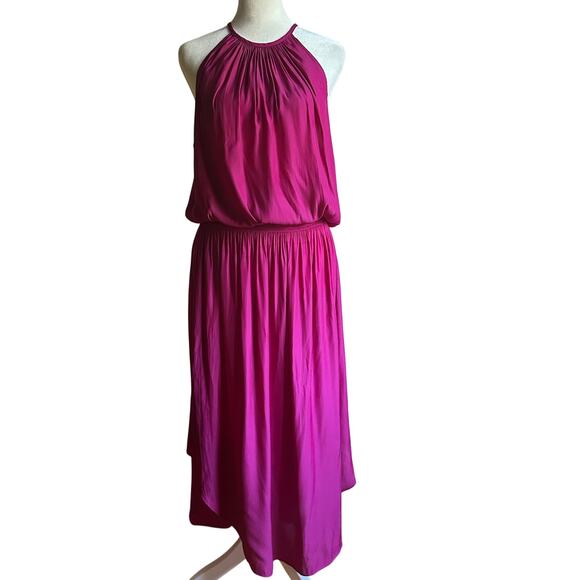 RAMY BROOK | Audrey High Neck Smocked Waist Midi Dress Magenta Pink | Size Large - Picture 2 of 8